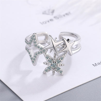 Cubic Zirconia and Silver-Plated Star Open Layered Ring, silver statement rings for women, lifestyle look