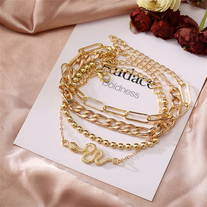 18K Gold-Plated Cable Chain Snake Anklet Set, jewelry gift sets for women, everyday style, detail close-up