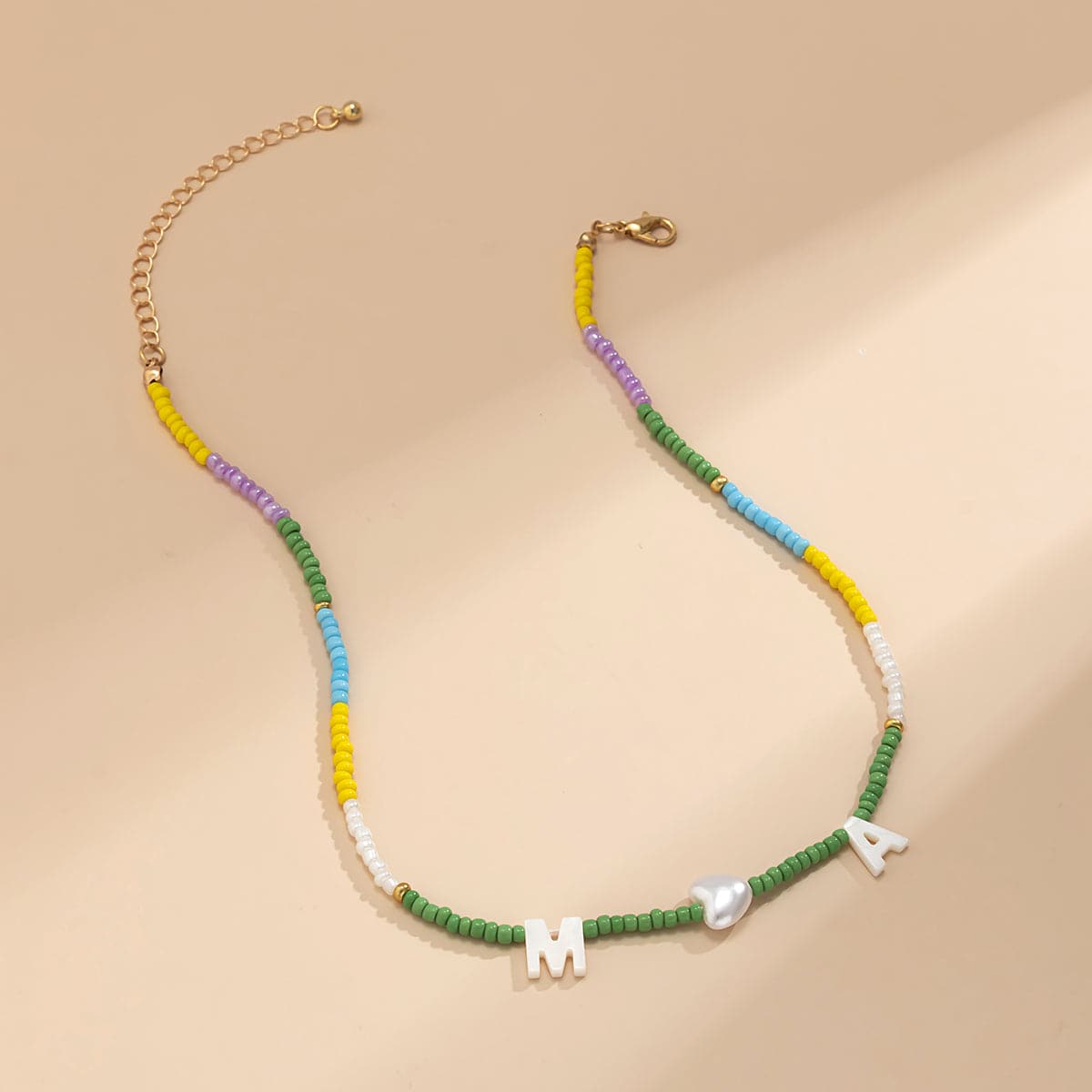 Multicolor Howlite and Pearl 'M' Heart 'A' Choker Necklace, pendant necklace for women, dainty minimalist design, side view