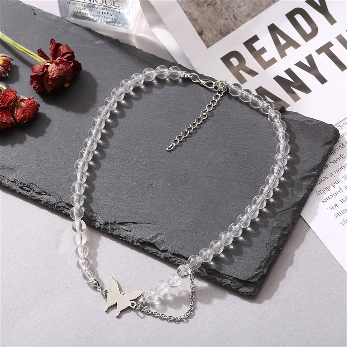 Acrylic and Silver-Plated Chain-Accent Butterfly Beaded Choker Necklace, silver pendant necklace for women, detail close-up