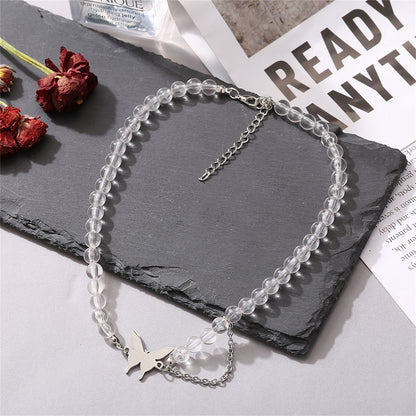 Acrylic and Silver-Plated Chain-Accent Butterfly Beaded Choker Necklace, silver pendant necklace for women, detail close-up