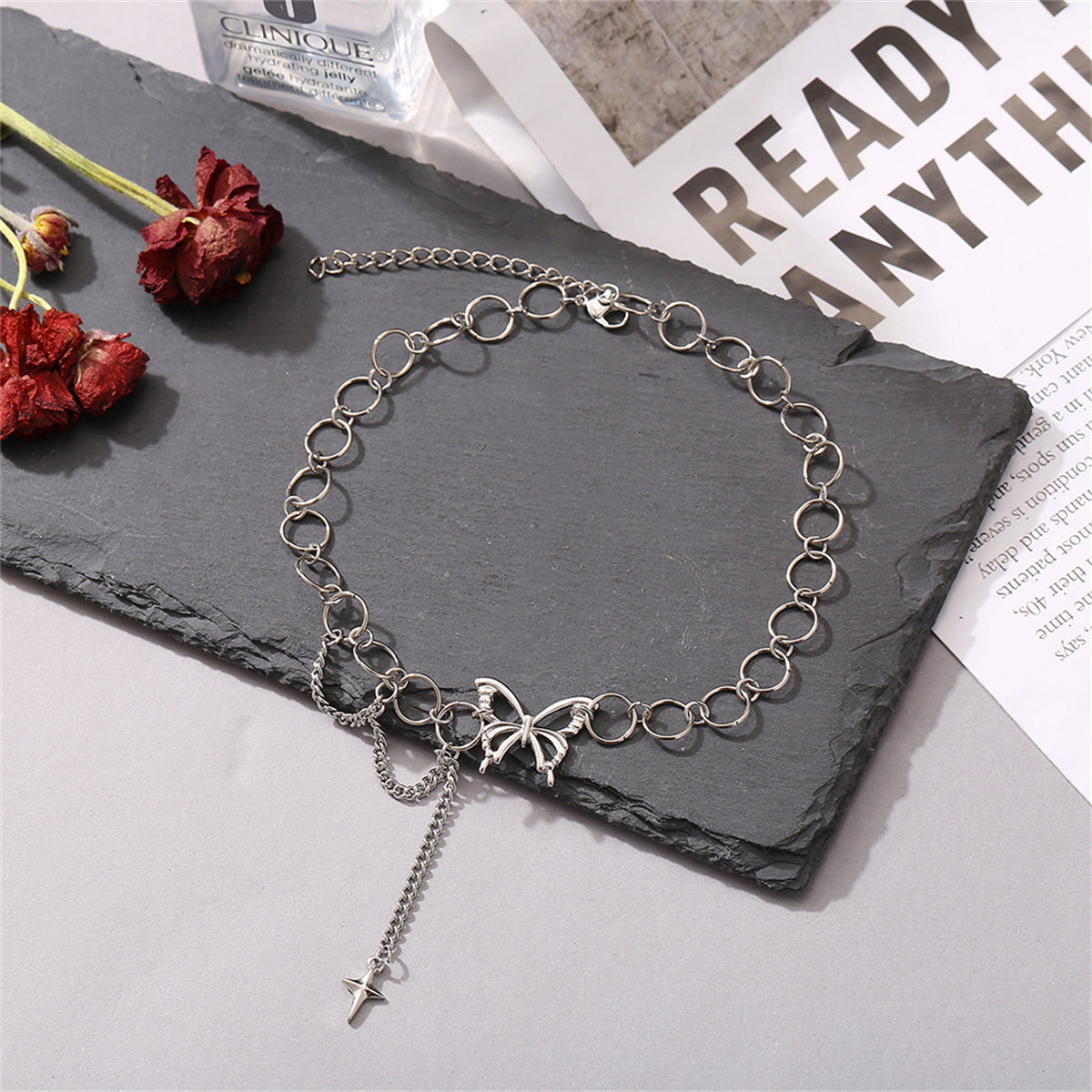 Silver-Plated Butterfly and Cross Pendant Choker, silver pendant necklace for women, everyday style, lifestyle look
