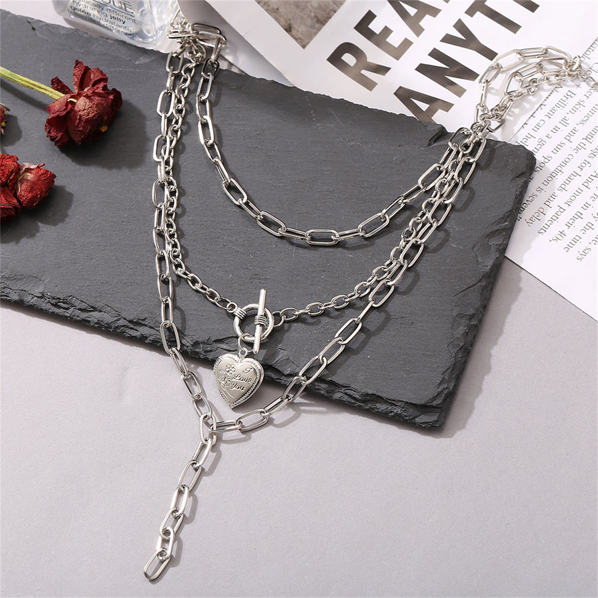 Silver-Plated Heart Toggle Layered Lariat Necklace, silver pendant necklace for women, everyday style, lifestyle look