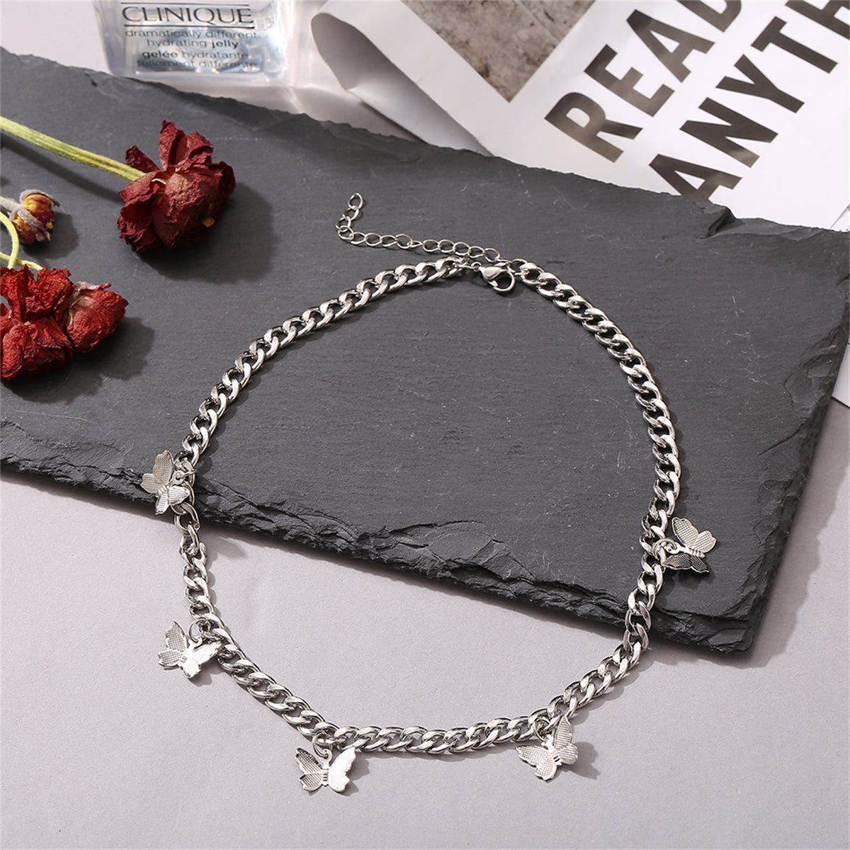 Silver-Plated Curb Chain Butterfly Station Choker Necklace, silver pendant necklace for women, detail close-up