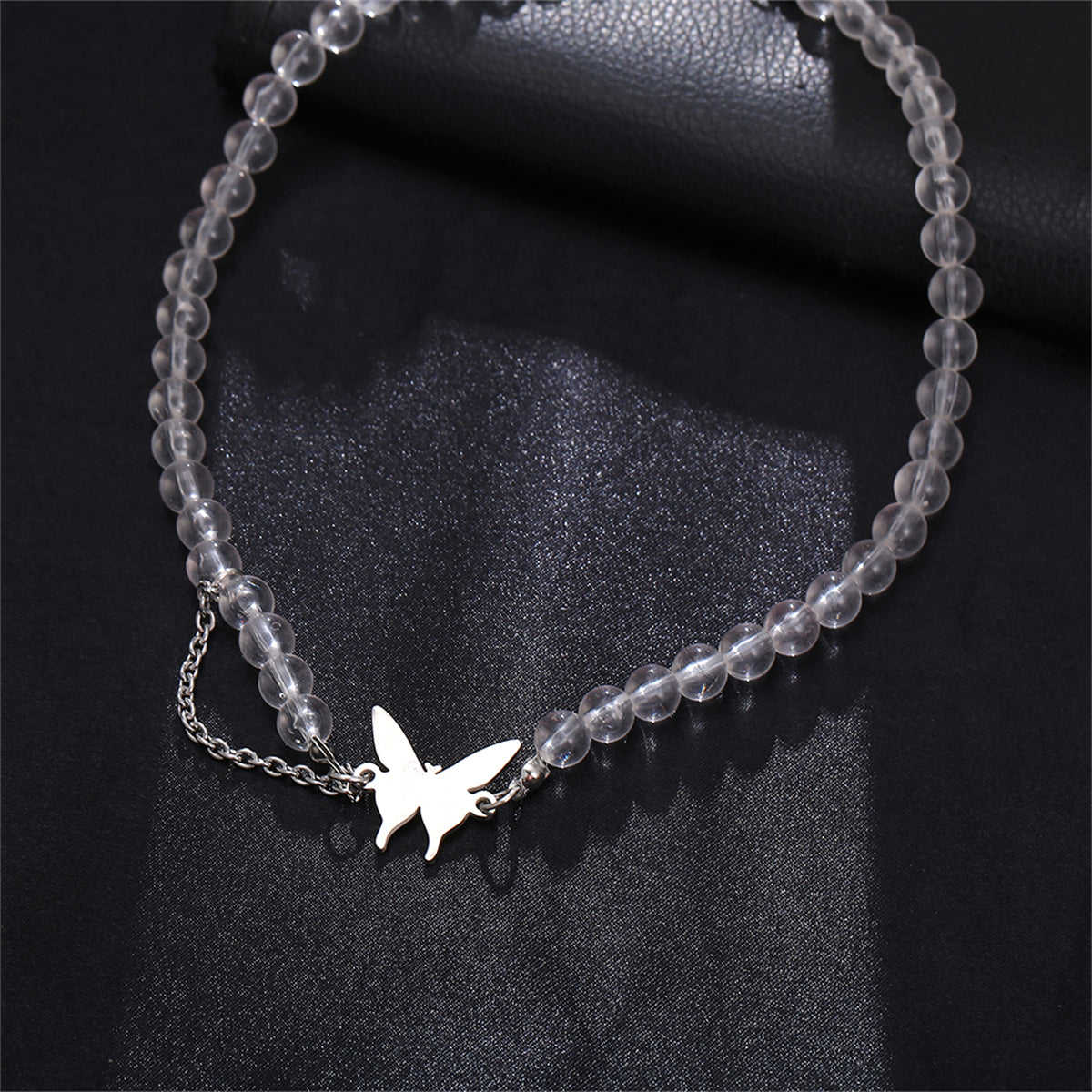 Acrylic and Silver-Plated Chain-Accent Butterfly Beaded Choker Necklace, silver pendant necklace for women, lifestyle look