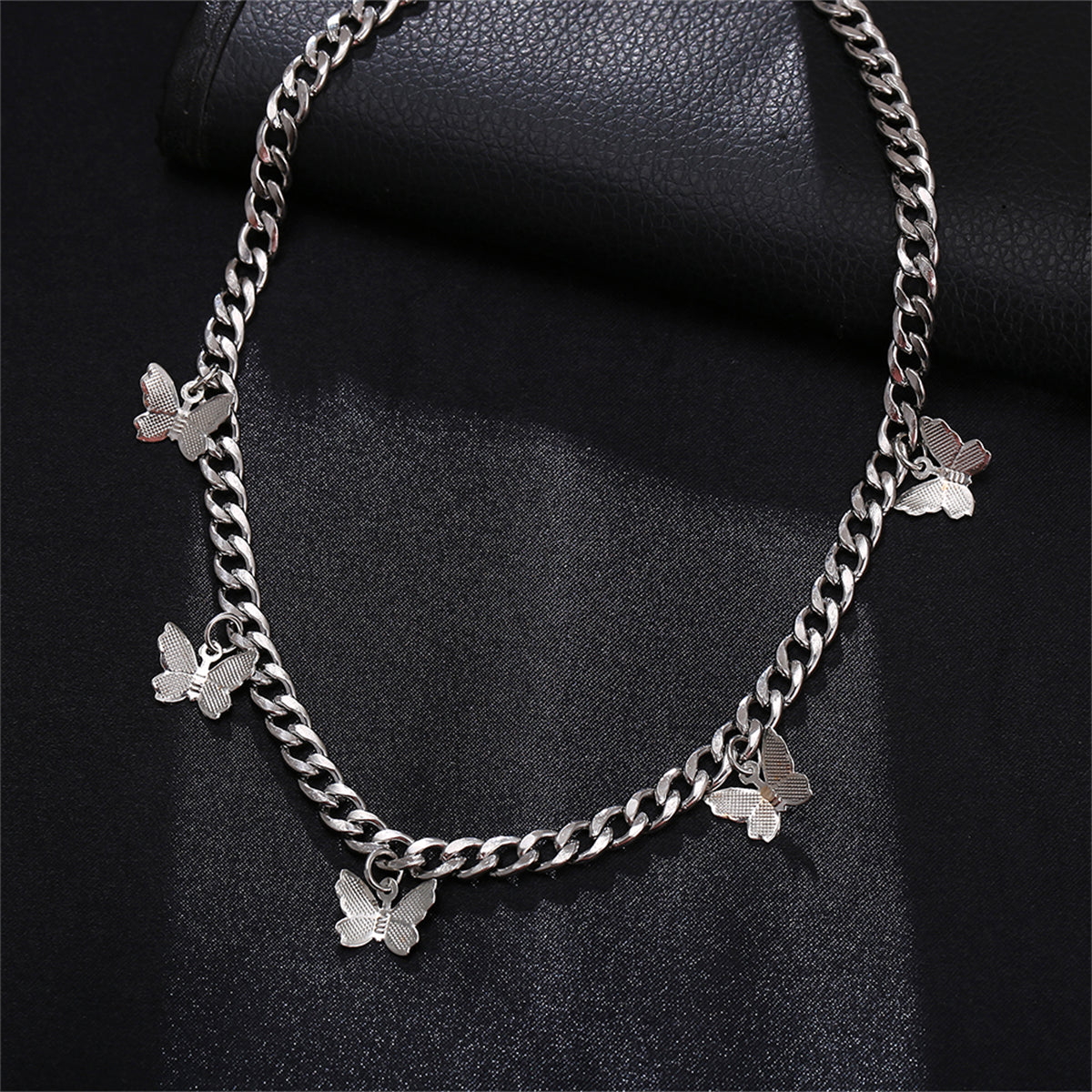 Silver-Plated Curb Chain Butterfly Station Choker Necklace, silver pendant necklace for women, lifestyle look