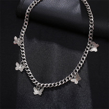 Silver-Plated Curb Chain Butterfly Station Choker Necklace, silver pendant necklace for women, lifestyle look
