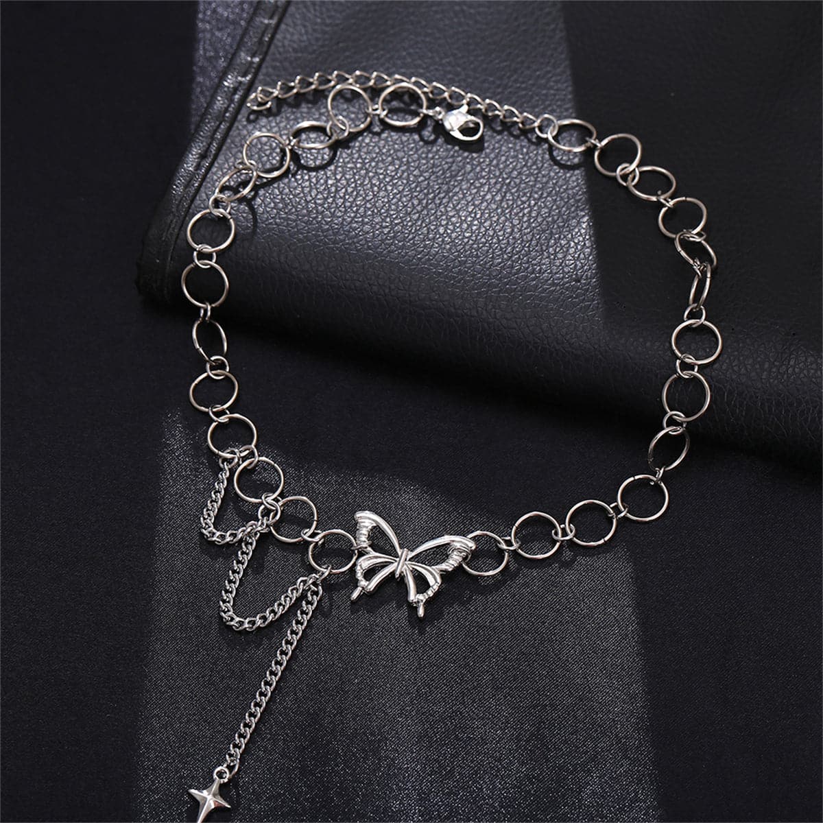 Silver-Plated Butterfly and Cross Pendant Choker, silver pendant necklace for women, everyday style, side view