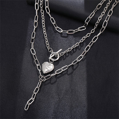 Silver-Plated Heart Toggle Layered Lariat Necklace, silver pendant necklace for women, everyday style, styled look