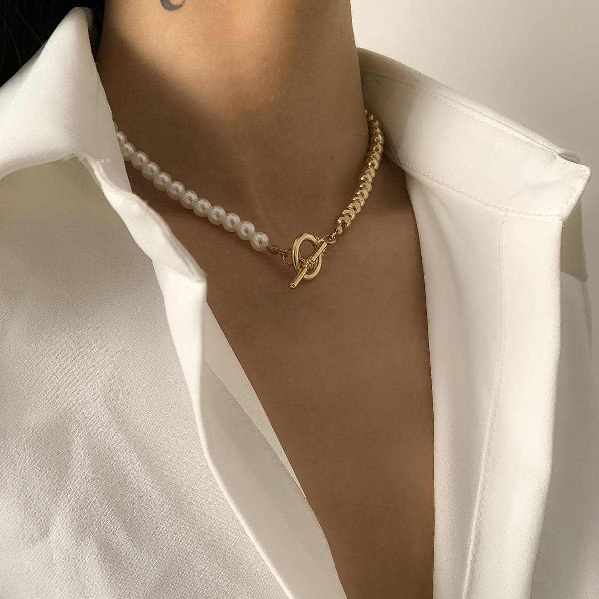 Pearl & 18K Gold-Plated Half Bead Chain Toggle Necklace