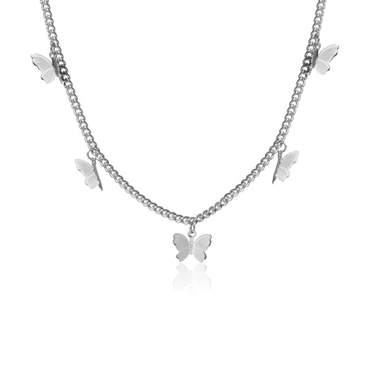 Silver-Plated Butterfly Station Choker Necklace, silver pendant necklace for women, vintage-inspired design, front view