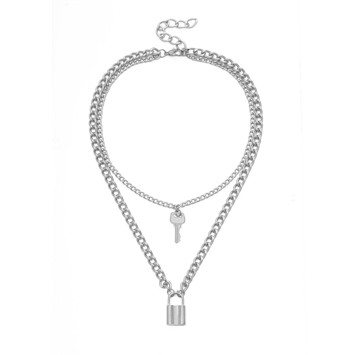 Silver-Plated Lock and Key Layered Pendant Necklace, silver pendant necklace for women, lifestyle look