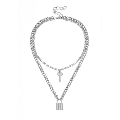 Silver-Plated Lock and Key Layered Pendant Necklace, silver pendant necklace for women, lifestyle look