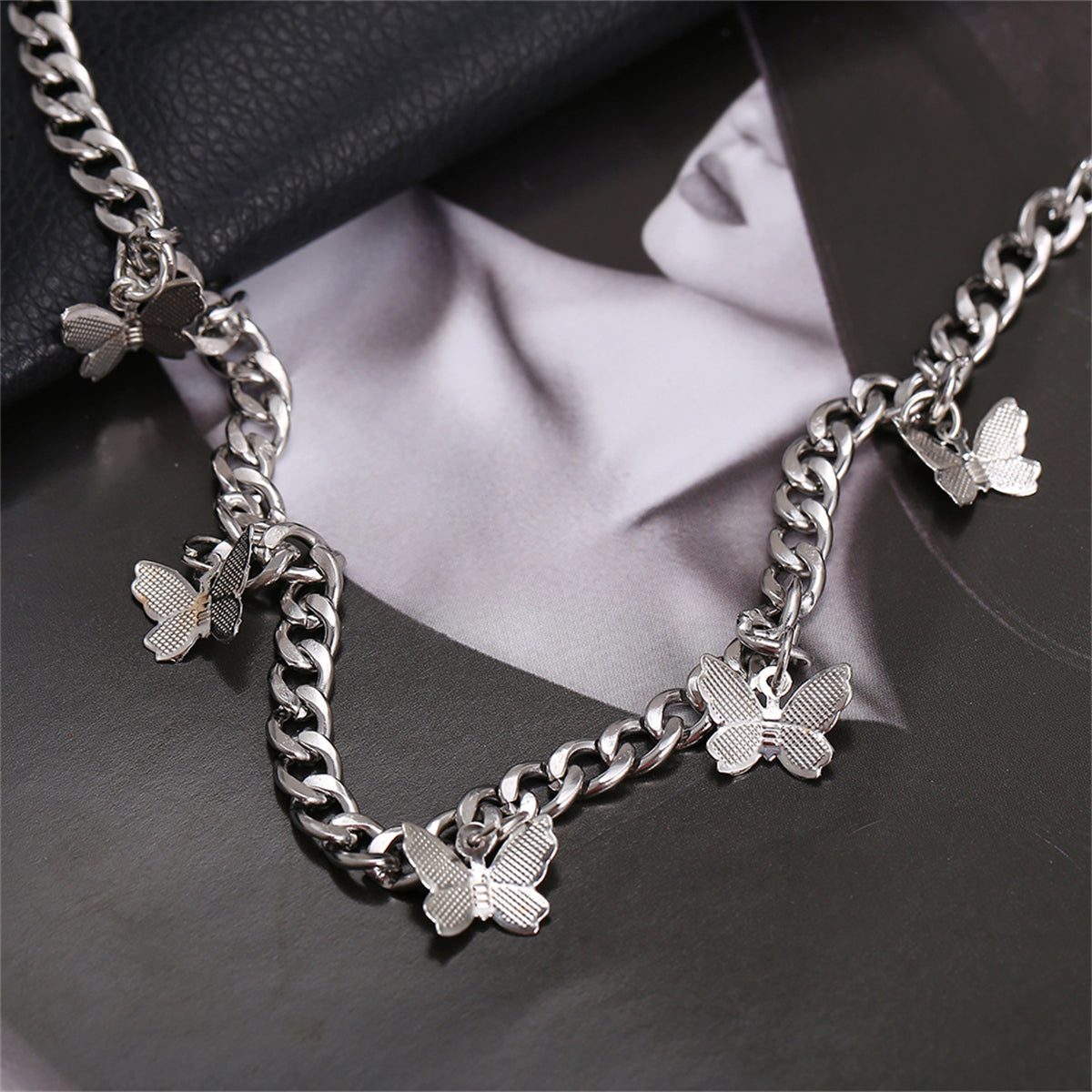 Silver-Plated Curb Chain Butterfly Station Choker Necklace, silver pendant necklace for women, styled look