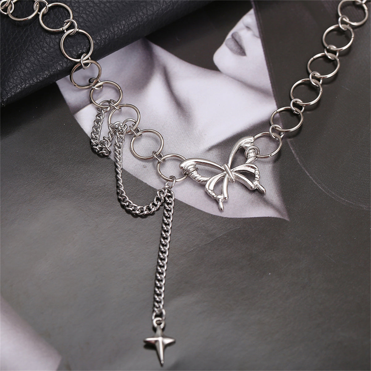 Silver-Plated Butterfly and Cross Pendant Choker, silver pendant necklace for women, everyday style, styled look