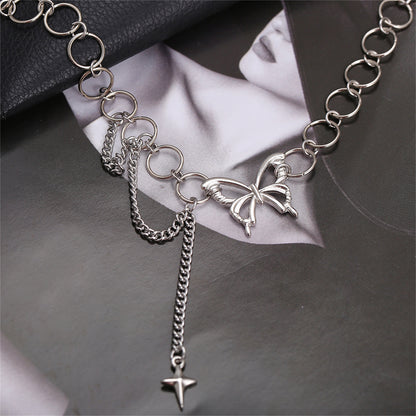Silver-Plated Butterfly and Cross Pendant Choker, silver pendant necklace for women, everyday style, styled look