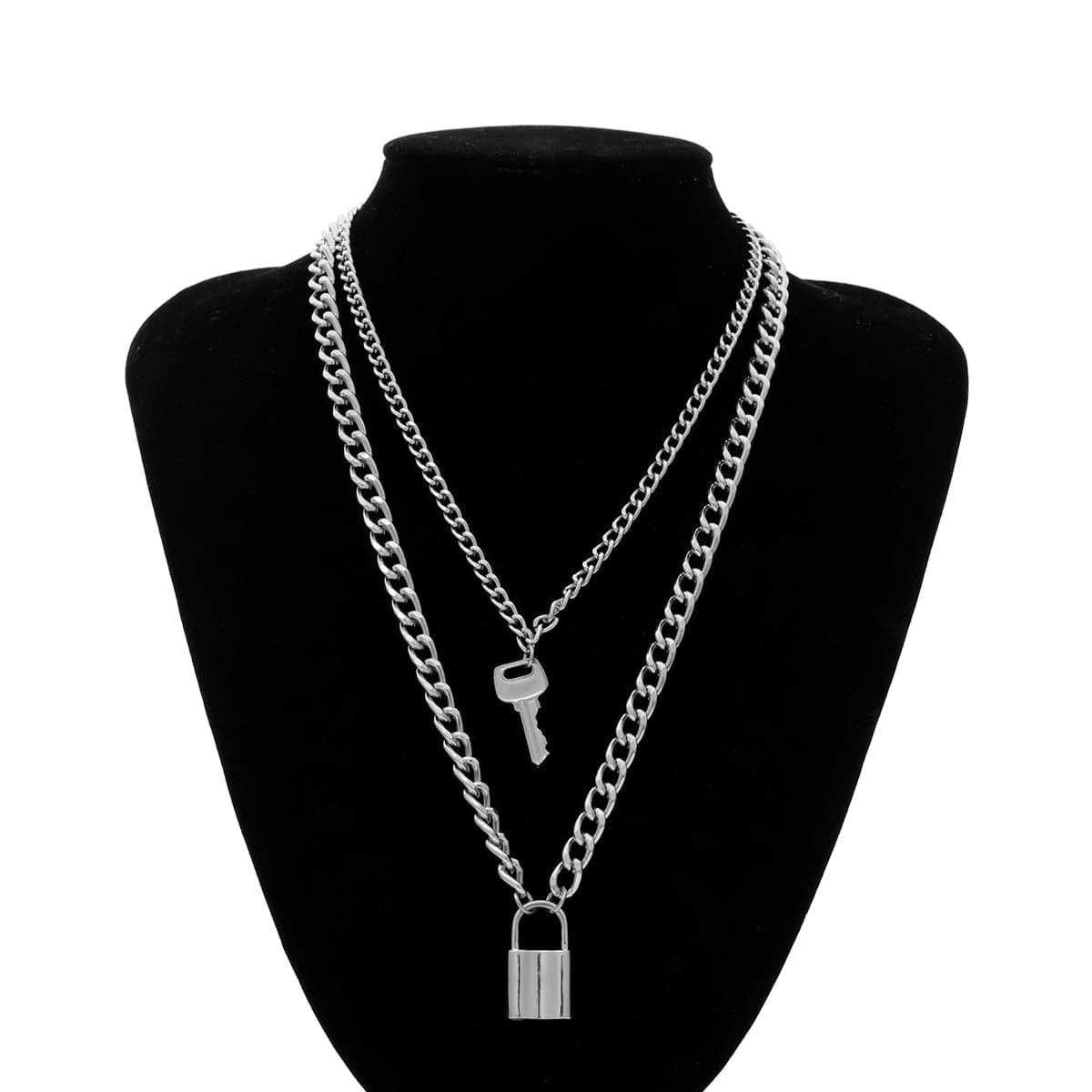 Silver-Plated Lock and Key Layered Pendant Necklace, silver pendant necklace for women, dainty minimalist design, styled look