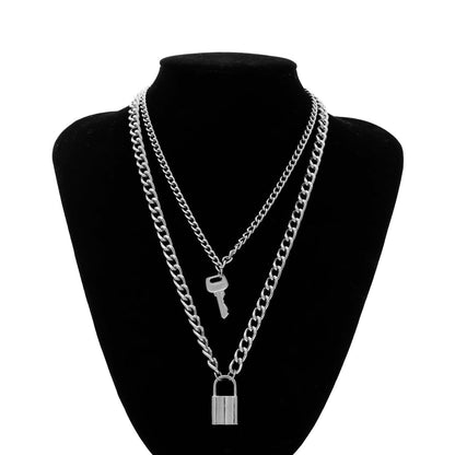 Silver-Plated Lock and Key Layered Pendant Necklace, silver pendant necklace for women, dainty minimalist design, styled look