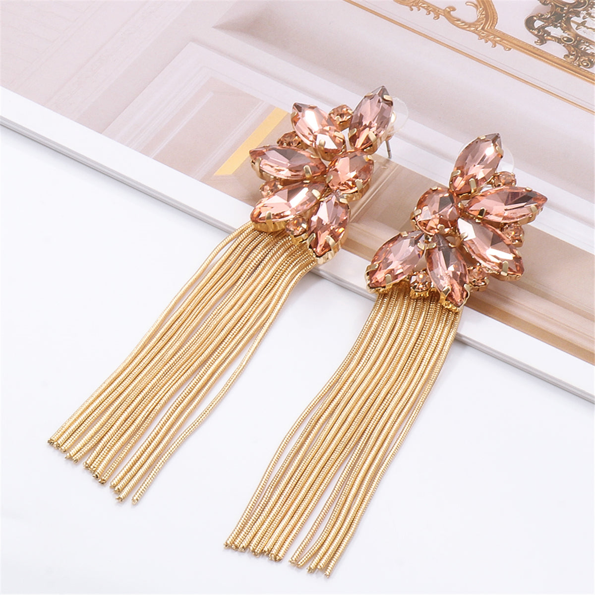 Champagne Crystal & Cubic Zirconia Floral Tassel Drop Earrings