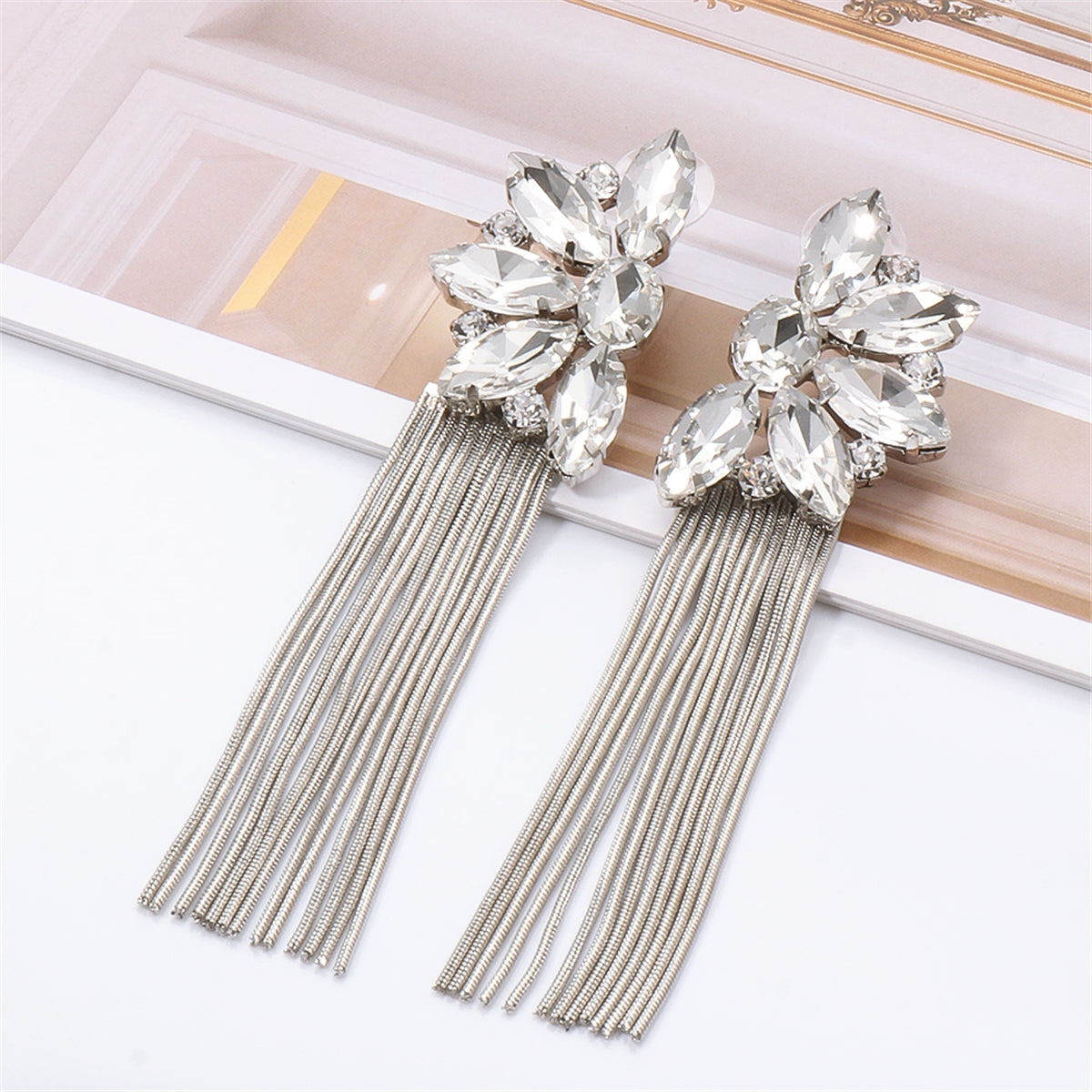 Crystal and Silver-Plated Botany Tassel Drop Earrings, silver drop earrings for women, vintage-inspired design, front view