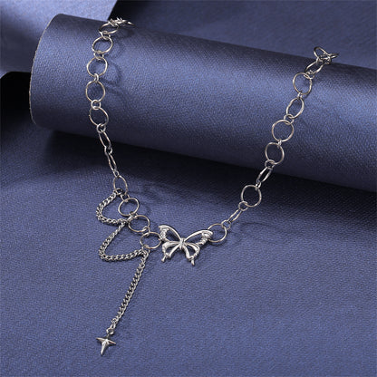 Silver-Plated Butterfly and Cross Pendant Choker, silver pendant necklace for women, everyday style, detail close-up