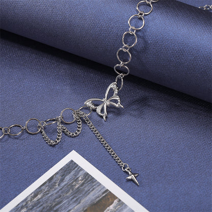 Silver-Plated Butterfly & Cross Pendant Choker