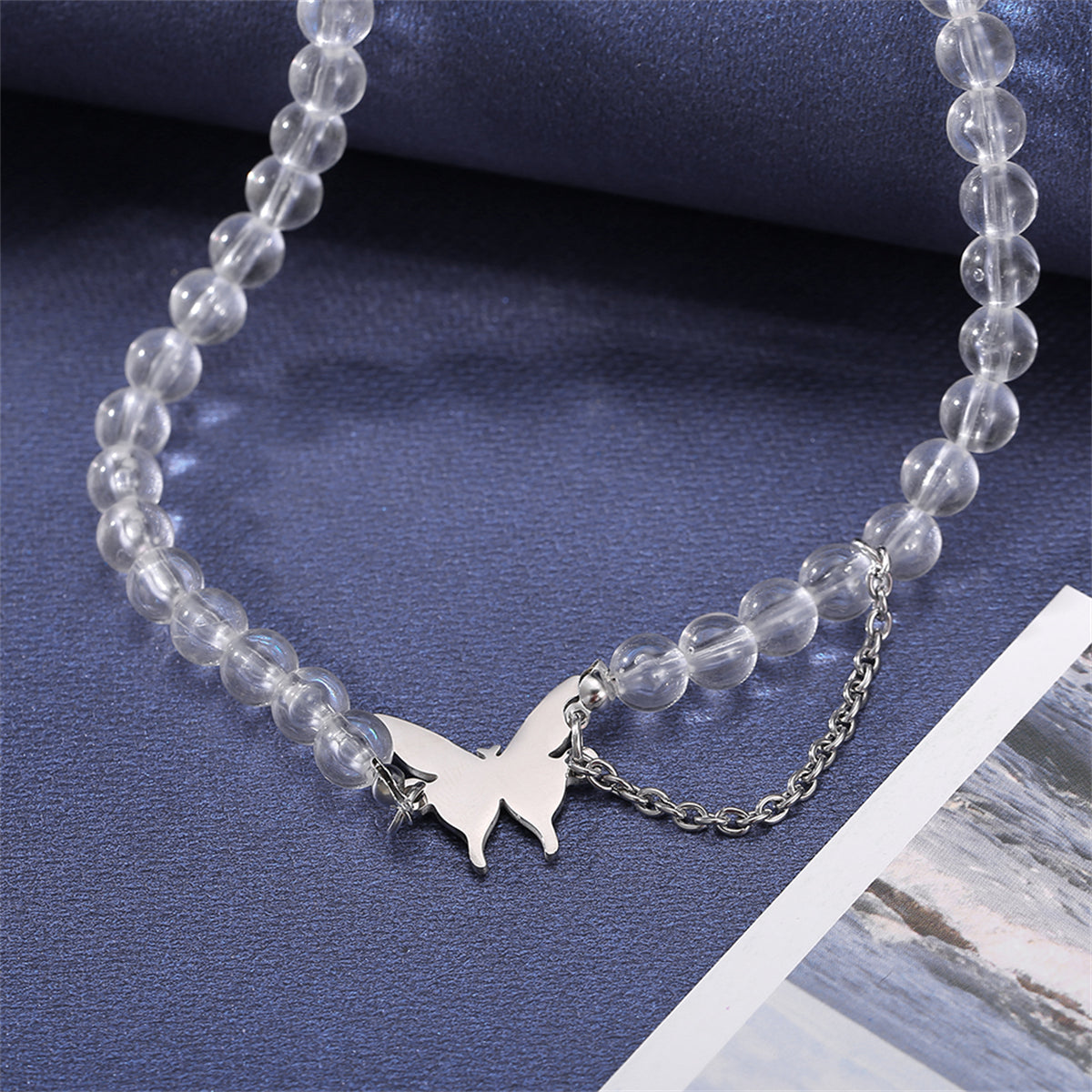 Acrylic and Silver-Plated Chain-Accent Butterfly Beaded Choker Necklace, silver pendant necklace for women, styled look