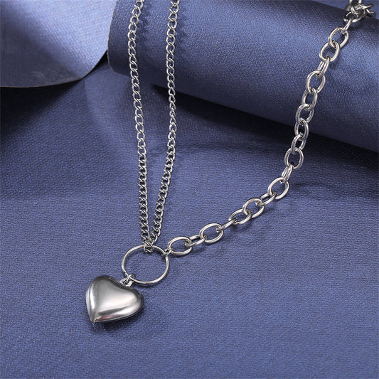 Silver-Plated Heart Layered Pendant Necklace, silver pendant necklace for women, dainty minimalist design, front view
