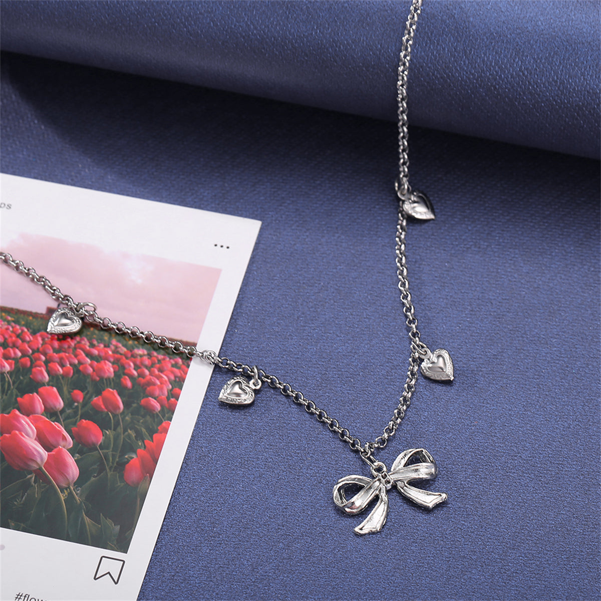 Silver-Plated Bow Heart Station Necklace, silver pendant necklace for women, elegant gift for her, styled look