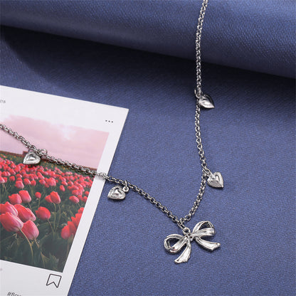 Silver-Plated Bow Heart Station Necklace, silver pendant necklace for women, elegant gift for her, styled look