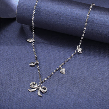 Silver-Plated Bow Heart Station Necklace
