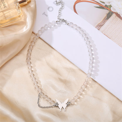 Acrylic & Silver-Plated Chain-Accent Butterfly Beaded Choker Necklace