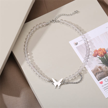 Acrylic & Silver-Plated Chain-Accent Butterfly Beaded Choker Necklace
