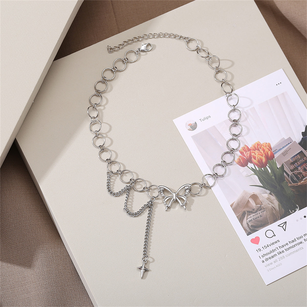 Silver-Plated Butterfly & Cross Pendant Choker