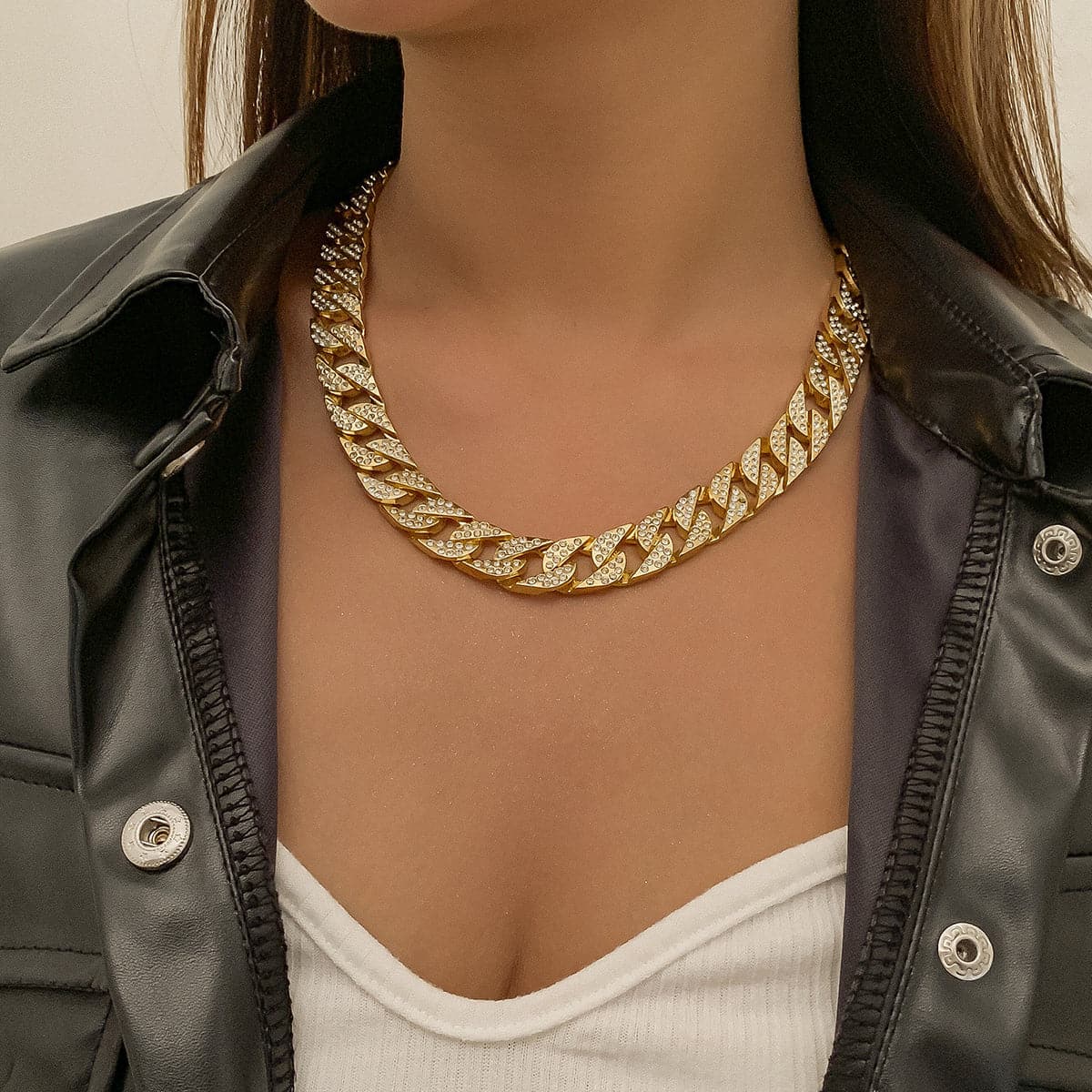 Cubic Zirconia and 18K Gold-Plated Curb Chain Necklace, gold pendant necklace for women, vintage-inspired design, front view