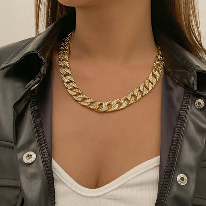 Cubic Zirconia and 18K Gold-Plated Curb Chain Necklace, gold pendant necklace for women, vintage-inspired design, front view