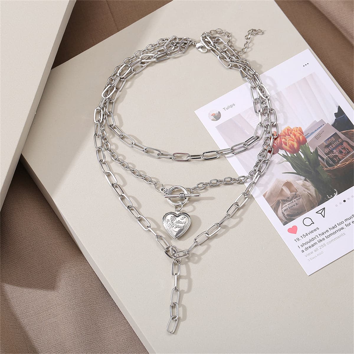 Silver-Plated Heart Toggle Layered Lariat Necklace, silver pendant necklace for women, everyday style, side view