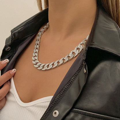 Cubic Zirconia and Silver-Plated Pavé Curb Chain Necklace, silver pendant necklace for women, side view