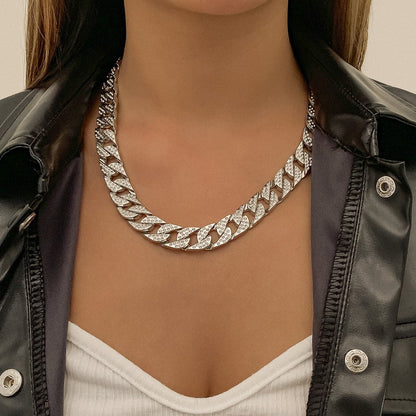Cubic Zirconia and Silver-Plated Pavé Curb Chain Necklace, silver pendant necklace for women, front view
