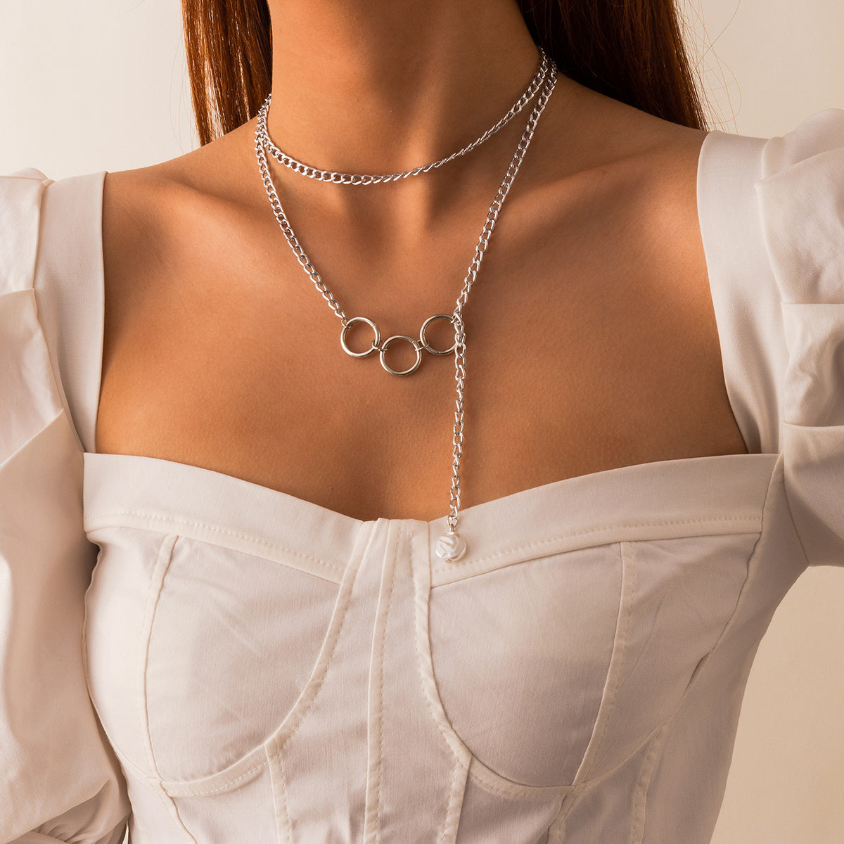 Pearl & Silver-Plated Tri-Ring Layered Lariat Necklace