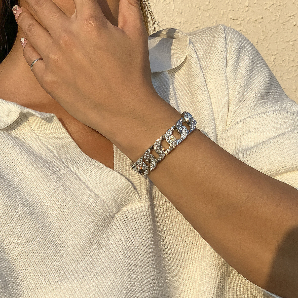 Cubic Zirconia and Silver-Plated Curb Chain Bracelet, silver bracelet for women, elegant gift for her, front view