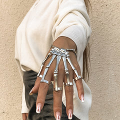 Silver-Plated Skeleton Hand Wrist-To-Ring Bracelet