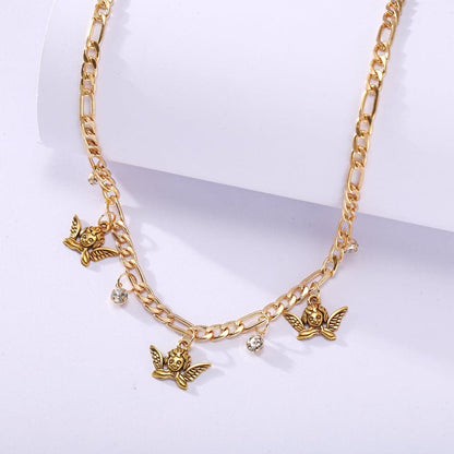 Cubic Zirconia and 18K Gold-Plated Angel Station Necklace, gold pendant necklace for women, detail close-up