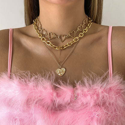 18K Gold-Plated Heart Chain Safety Pin Pendant Necklace Set, jewelry gift sets for women, everyday style, front view