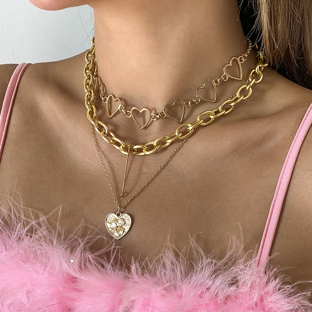 18K Gold-Plated Heart Chain Safety Pin Pendant Necklace Set, jewelry gift sets for women, everyday style, styled look