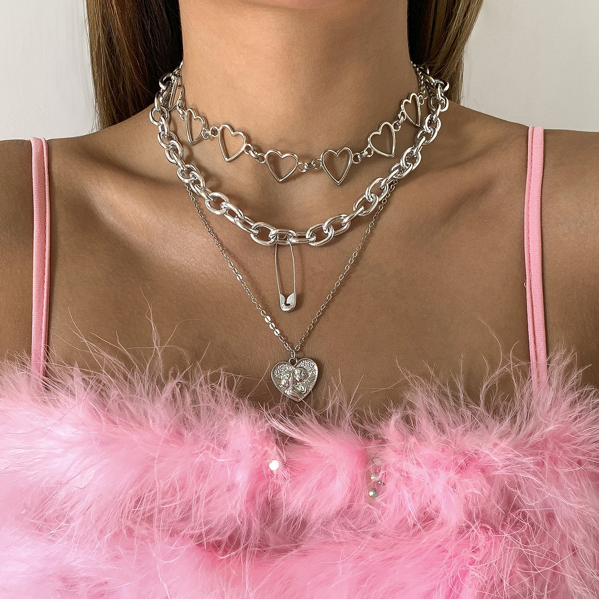 Silver-Plated Heart Pendant Necklace Set, jewelry gift sets for women, dainty minimalist design, front view