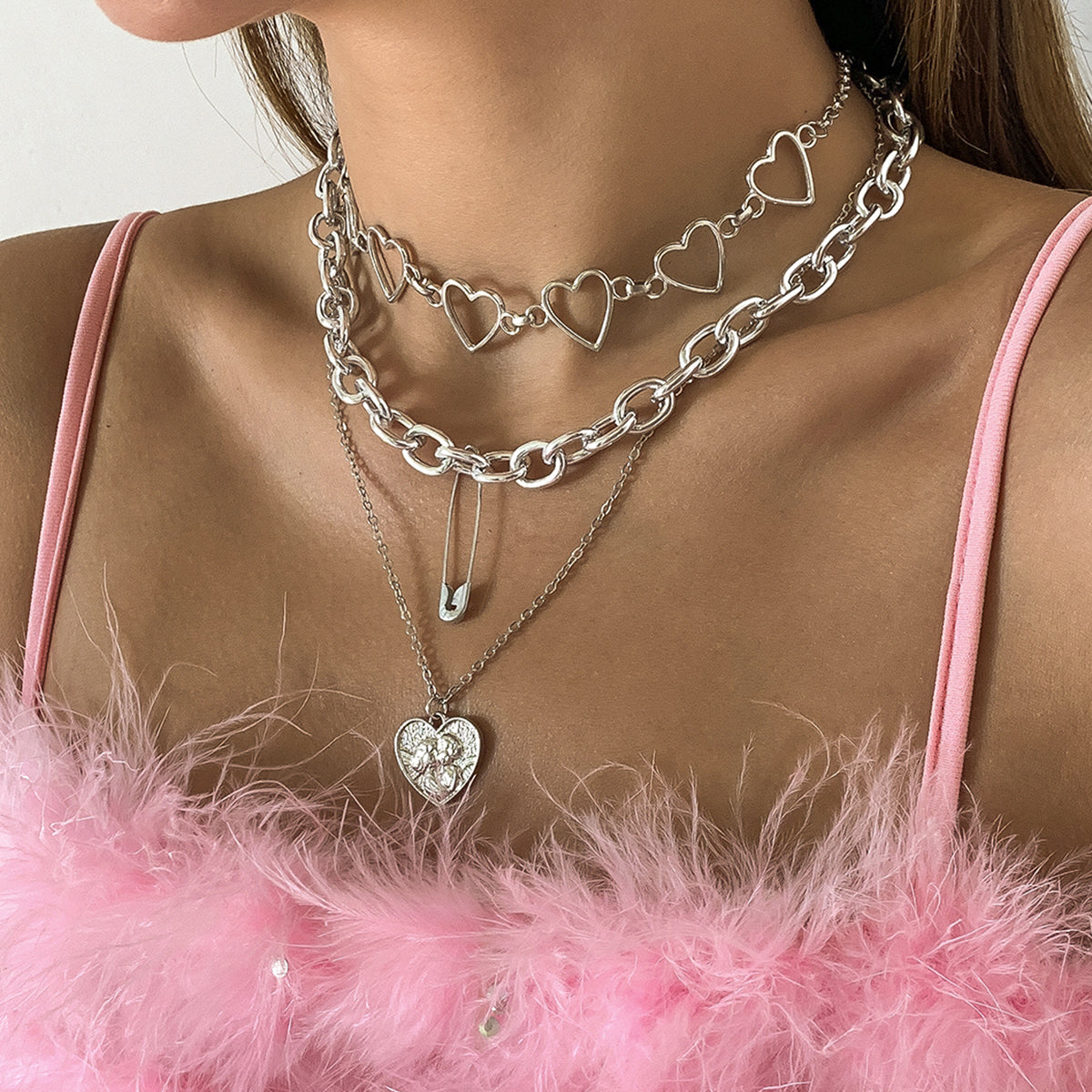 Silver-Plated Heart Pendant Necklace Set, jewelry gift sets for women, dainty minimalist design, lifestyle look
