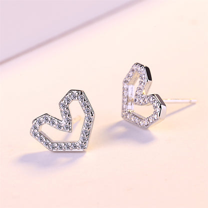 Cubic Zirconia and Silver-Plated Hexagon Heart Stud Earrings, silver stud earrings for women, detail close-up