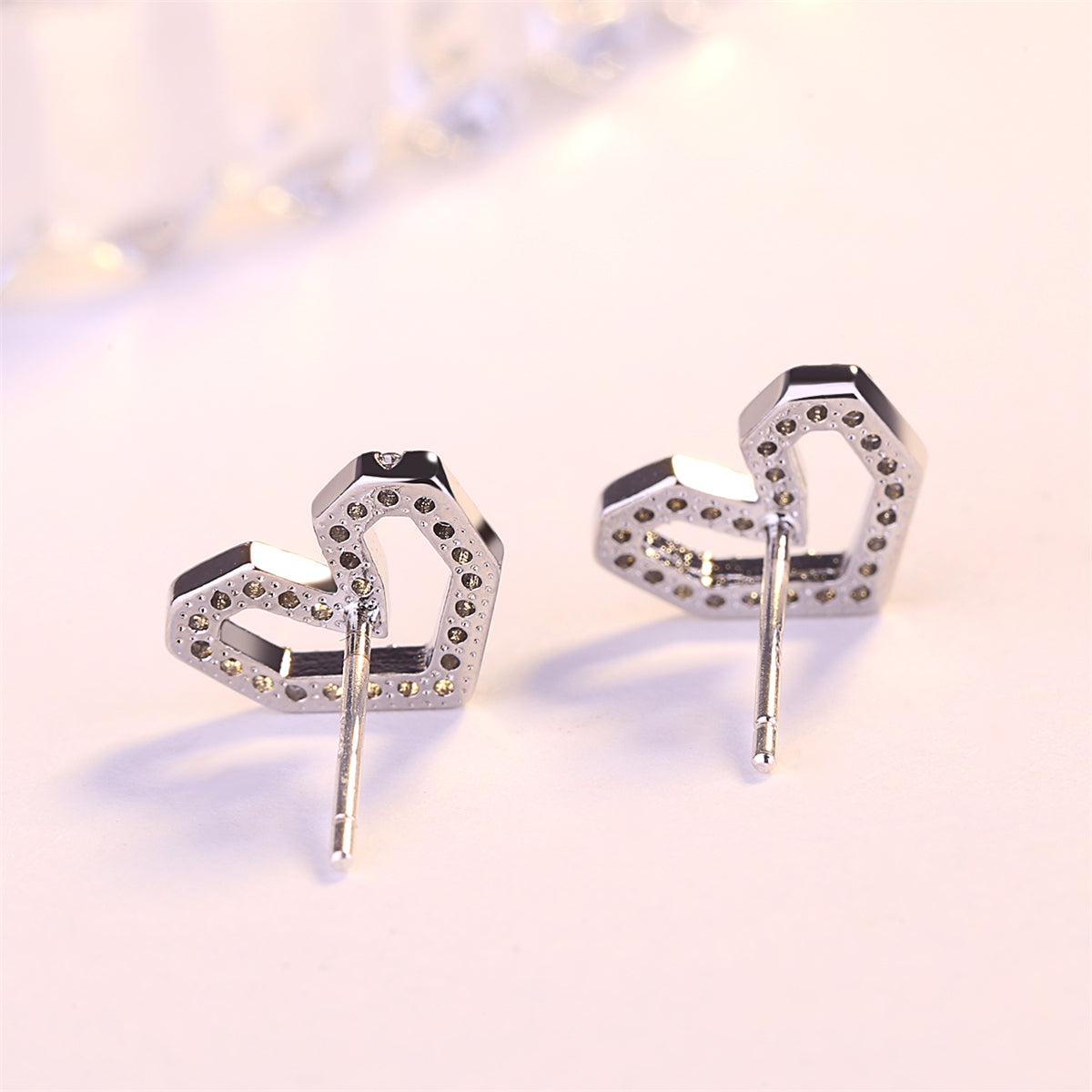 Cubic Zirconia and Silver-Plated Hexagon Heart Stud Earrings, silver stud earrings for women, botanical inspired, styled look