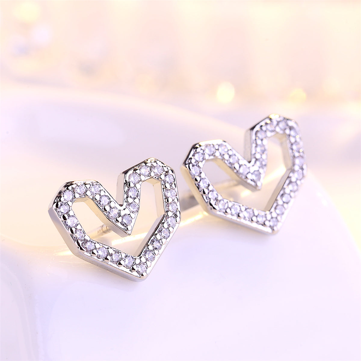 Cubic Zirconia and Silver-Plated Hexagon Heart Stud Earrings, silver stud earrings for women, lifestyle look